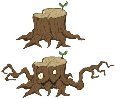 Ağaç güdük canavar karikatür rengi çizim, vektör çizim, yatay, beyaz izole