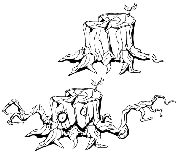 Tree Stump Monster Line Cartoon Drawing Black White Vector Illustration — Stock Vector