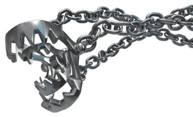 Metal zincir jaws kelepçe bileşiği çift, koyu metal 3d illüstrasyon, izole, yatay, beyaz üzerinde