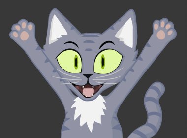 Kedi grisi tezahürat ve coşkuyla el sallama, dikkat çekme, çizgi film karakteri renk çizimi, yatay çizim
