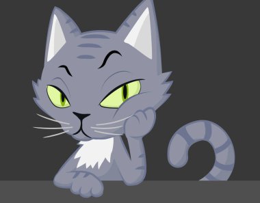 Cat grey sitting at table, cartoon character color vector illustration, horizontal clipart