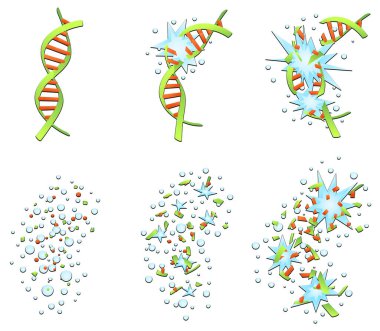 DNA sarmalının yavaş yavaş parçalara ayrılması animasyon, çizgi film tasarım ögesi seti, izole vektör, yatay
