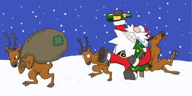 Christmas party celebration, reindeer pushing drunk Santa forward, one carrying sack, humorous cartoon illustration, horizontal clipart
