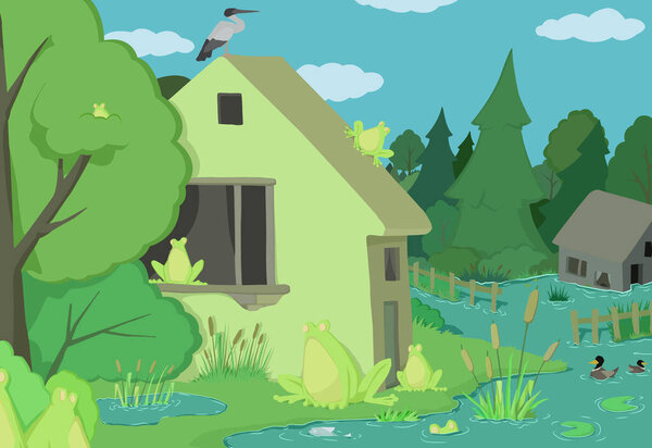 Frogs landscape scene after rain, strange humorous vector cartoon color illustration, horizontal
