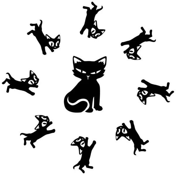 猫卡通人物小猫环绕着大一号模板黑色 矢量插图 — 图库矢量图片