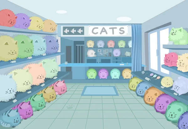 Cat Shop Room Scene Παράξενη Χιουμοριστική Διανυσματική Εικονογράφηση Χρωμάτων Κινουμένων — Διανυσματικό Αρχείο