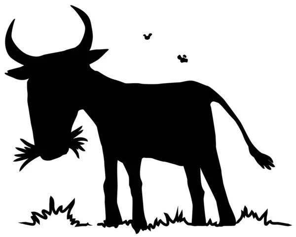 奶牛在牧场上吃草卡通人物黑色轮廓 矢量图解 覆盖白色 — 图库矢量图片