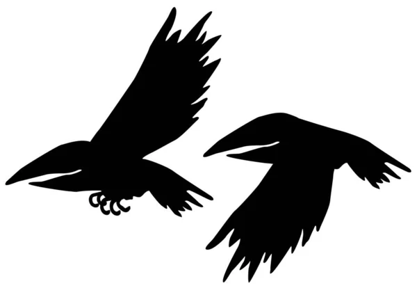 Fliegende Krähenflügel Klappen Cartoonfigur Schwarze Silhouette Vektorillustration Horizontal Isoliert Über — Stockvektor