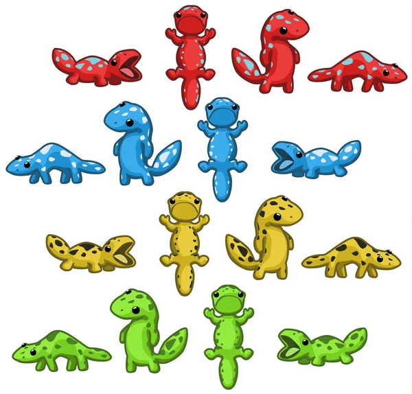 Gecko Eidechse Farbe Posiert Cartoon Design Element Set Isolierter Vektor — Stockvektor