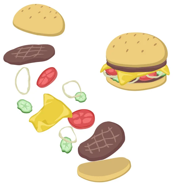 Elementos Hamburguesa Ruptura Vector Dibujos Animados Ilustración Color Vertical Sobre — Vector de stock