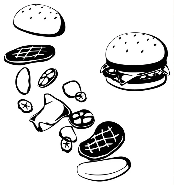 Hamburger Elements Breakup Stencil Black Vector Illustration Vertical White Isolated — Stock Vector