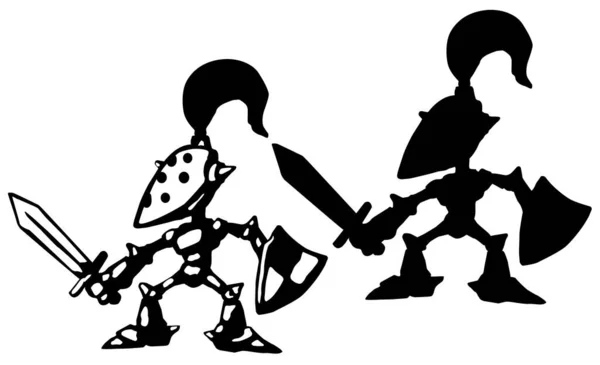 Pequeno Cavaleiro Personagem Desenho Animado Silhueta Preta Ilustração Vetorial Horizontal — Vetor de Stock