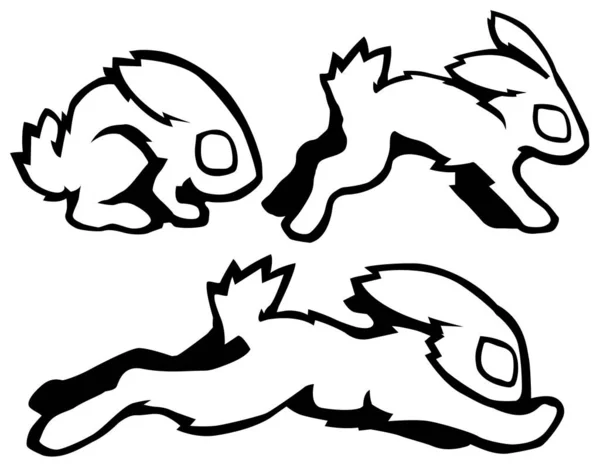 Rabbit Sit Correre Saltare Movimento Cartone Animato Stencil Nero Illustrazione — Vettoriale Stock