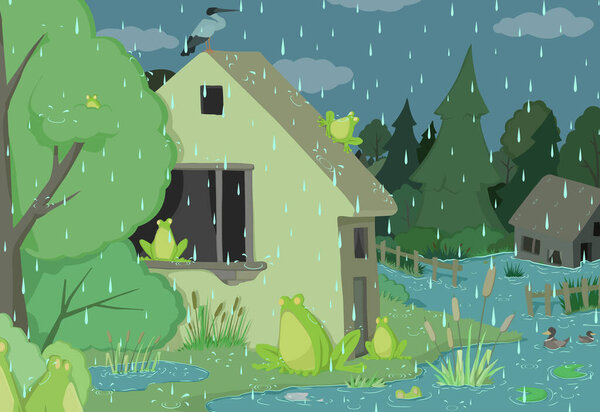 Rainy day frogs scene, strange humorous vector cartoon color illustration, horizontal
