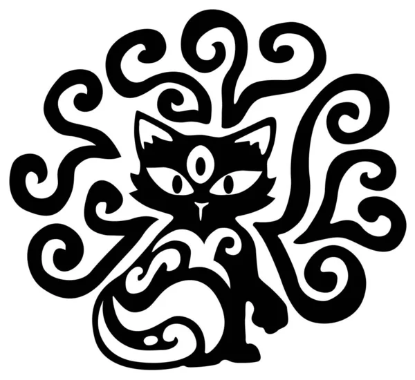Cat Tři Oči Mystické Duchovní Dekorace Ornament Šablona Černá Vektorové — Stockový vektor