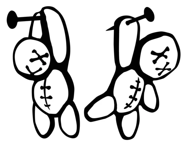 Bambola Voodoo Due Stencil Appeso Nero Illustrazione Vettoriale Orizzontale Isolato — Vettoriale Stock