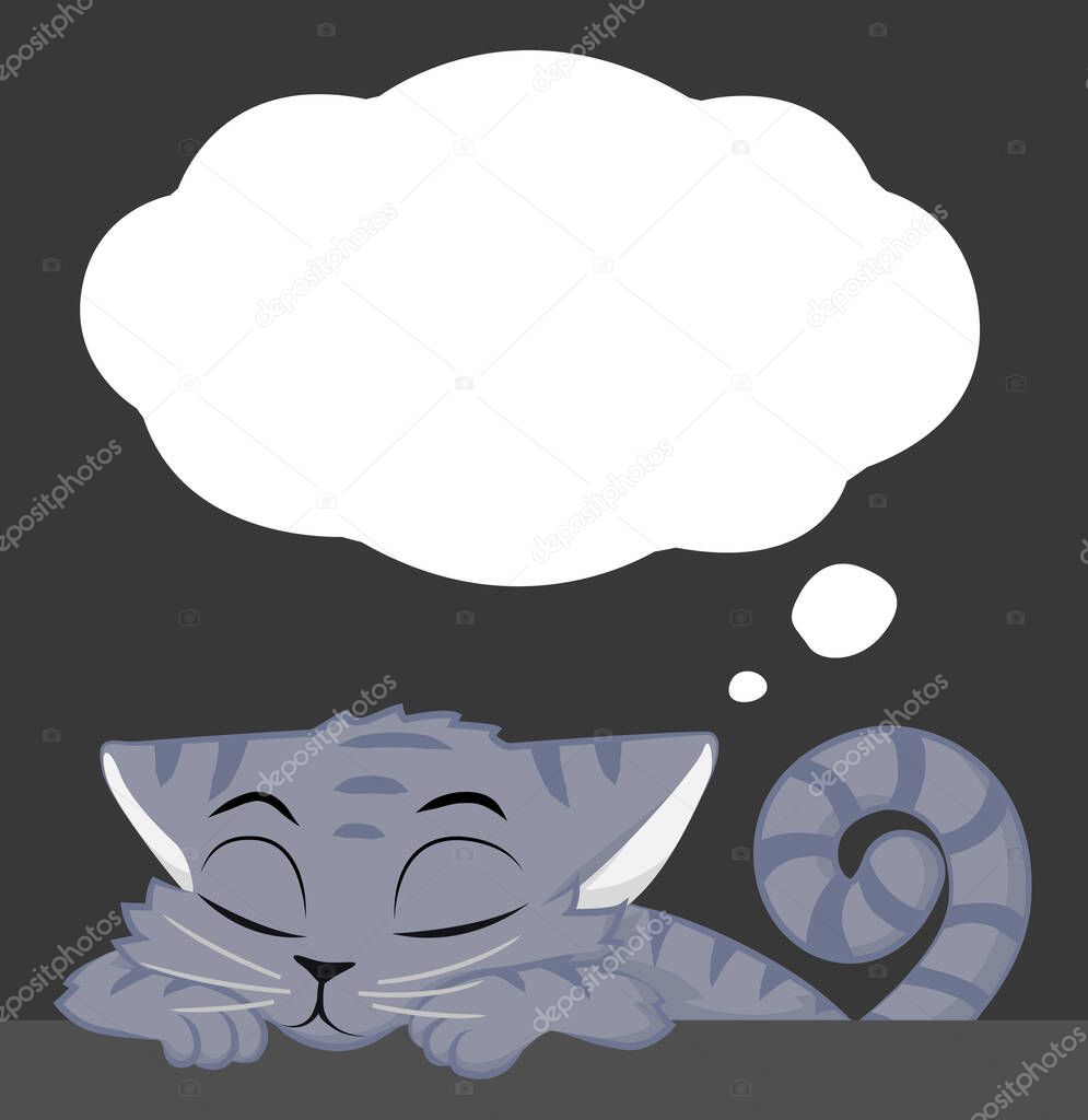 Cat grey snoozing at table with dream thought bubble, cartoon character color vector illustration, horizontal