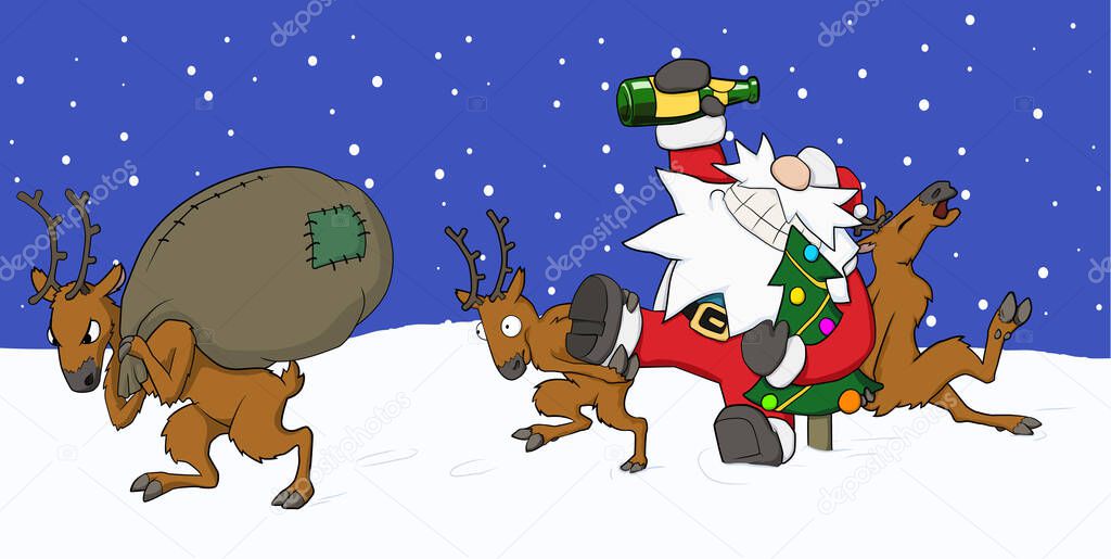 Christmas party celebration, reindeer pushing drunk Santa forward, one carrying sack, humorous cartoon illustration, horizontal