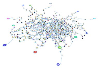 Çizgilerle birbirine bağlı küçük sembolik 3d figürlerin kalabalığı, noktaların dışındaki hız işaretleri, katmanlı sistem ağı, izole edilmiş, beyaz, yatay