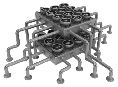 Kombinasyon tipi tuşlar eklenmiş çift soyut gri metal 3d illüstrasyon, izole, yatay, beyaz üzerine