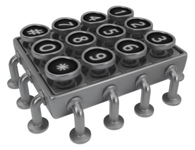 Kombinasyon tipi tuşlar yerine sabitlenmiş gri metal 3d illüstrasyon, izole, yatay, beyaz üzerine