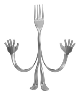 Çatal karikatür karakteri metali, eller yukarı poz, 3D illüstrasyon, yatay, izole, beyaz üzerinde