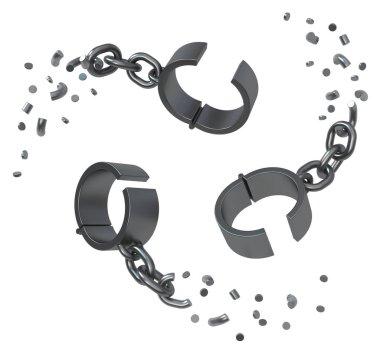 Üçlü dönüş zinciri, koyu gri metal, soyut 3D illüstrasyon, izole, yatay, beyaz üzerinde