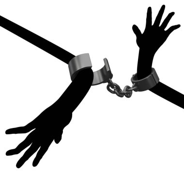 Prangalar zincirli gölge kol kıvrımları, 3 boyutlu illüstrasyon, izole, yatay, beyaz üzerinde