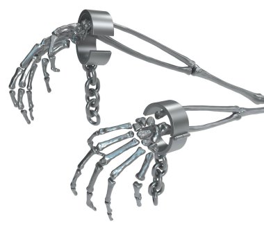 İskelet kol metal prangası, izole, 3 boyutlu çizim, yatay, beyaz üzerine