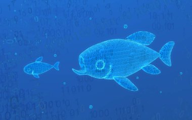 Sanal mavi parlayan balık avı kod habitat 3 boyutlu resimleme, yatay