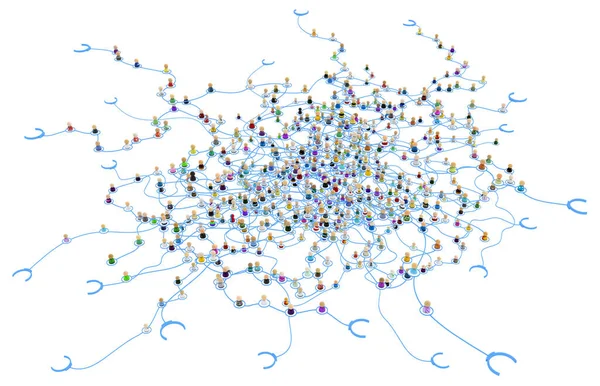 Multidão Pequenas Figuras Simbólicas Ligadas Por Linhas Tentáculos Conexão Agarrar — Fotografia de Stock