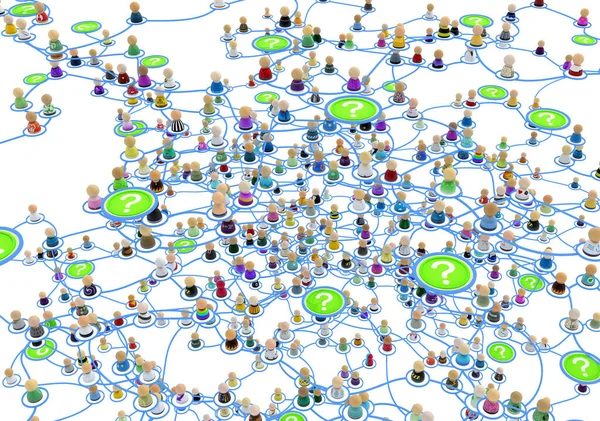 Multidão Pequenas Figuras Simbólicas Ligadas Por Linhas Pontos Pergunta Rede — Fotografia de Stock