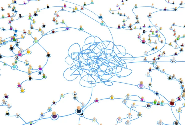 成群结队的小符号3D图形 由线条 纠结中心 层次系统网络连接 覆盖白色 — 图库照片