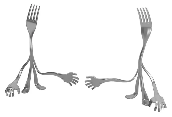 叉形卡通人物金属 两只手握手 3D插图 白色以上 — 图库照片