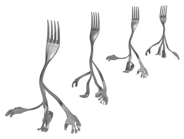 Fork Cartoon Personagem Metal Quatro Andando Linha Ilustração Horizontal Isolado — Fotografia de Stock