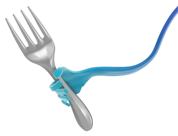 Fork cartoon blue arm holding, 3d illustration, horizontal, isolated, over white