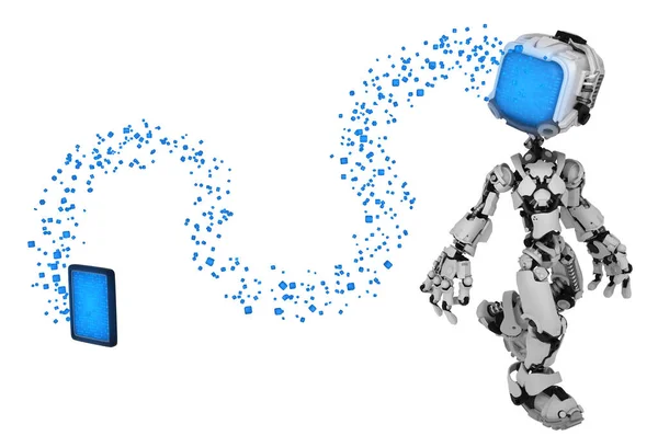 Figura Robot Pantalla Carácter Pose Transferencia Flujo Datos Desde Tableta — Foto de Stock