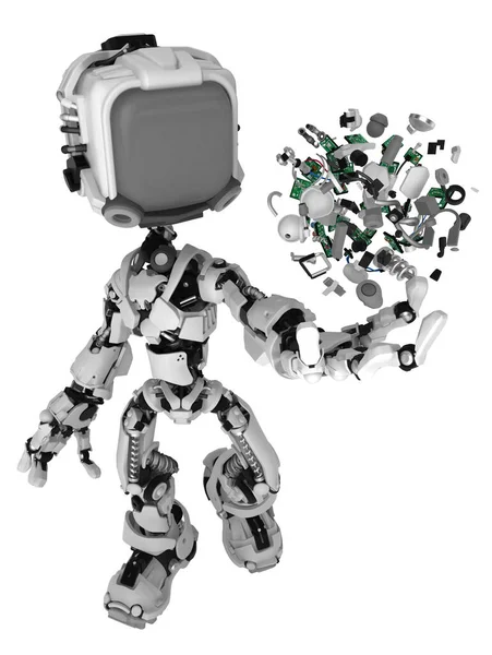 Personaje Figura Del Robot Pantalla Posan Piezas Pequeñas Ilustración Horizontal —  Fotos de Stock