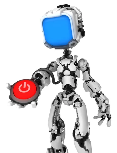 Obrazovka Robot Figurka Znak Držení Červené Vypínač Tlačítko Ilustrace Vertikální — Stock fotografie