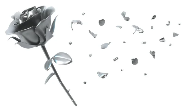 3Dイラストを飛んで金属花弁をバラ 白の上 — ストック写真