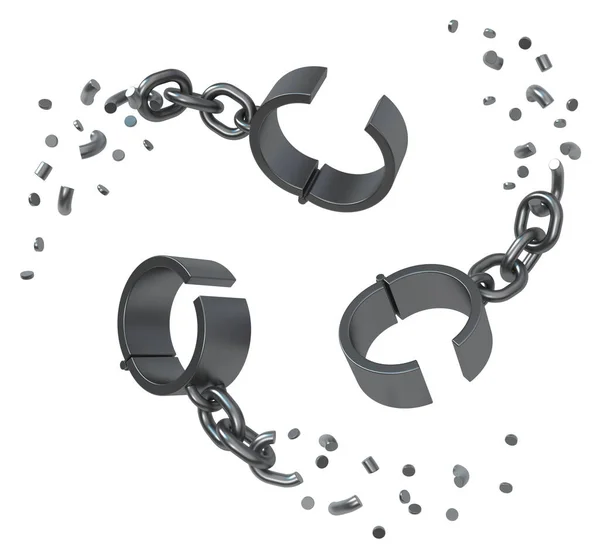 Üçlü dönüş zinciri, koyu gri metal, soyut 3D illüstrasyon, izole, yatay, beyaz üzerinde