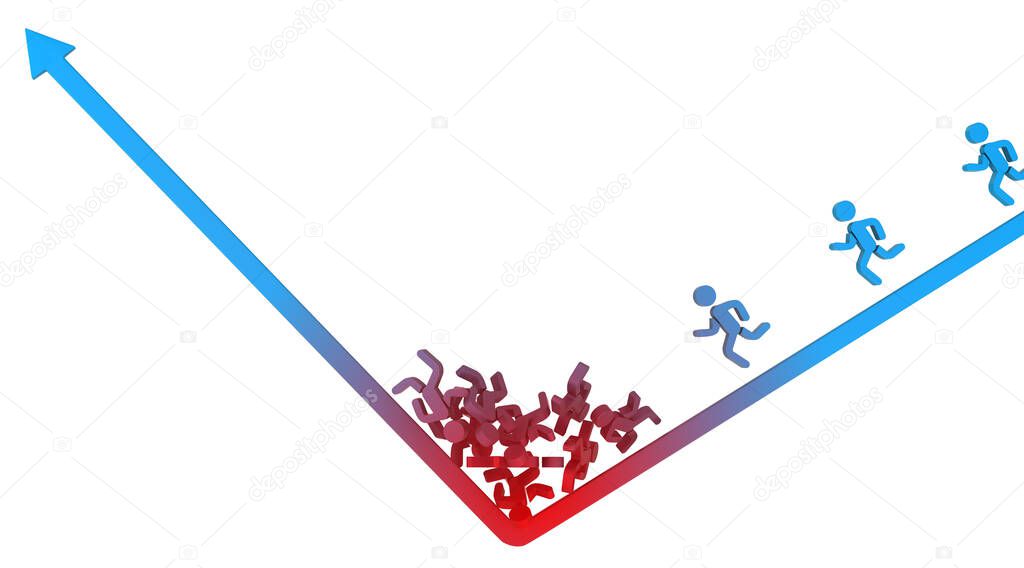 Arrow running figures uptick crash run, 3d illustration, horizontal, over white, isolated