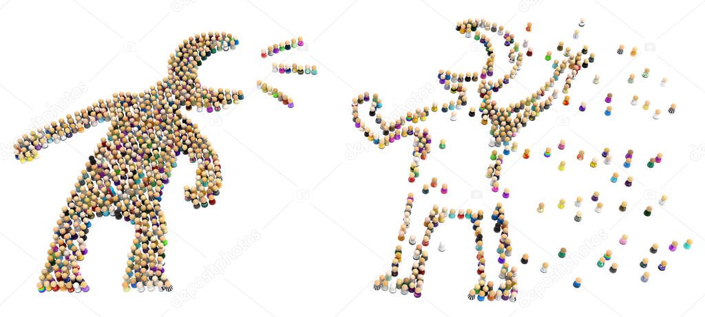Crowd of small symbolic figures forming big person shape blown away by shouting, 3d illustration, horizontal, isolated, over white