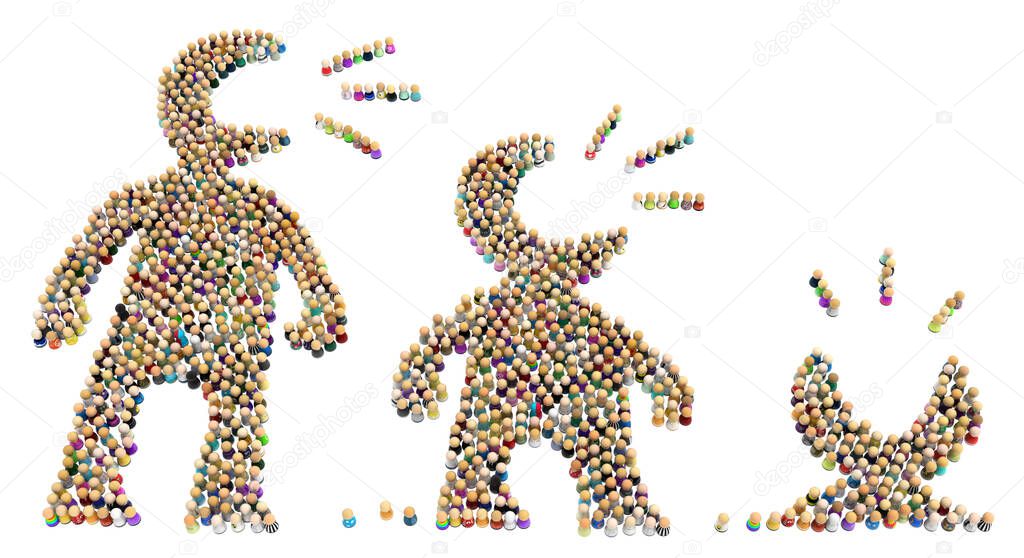 Crowd of small symbolic figures forming big person shape shrinking while talking, 3d illustration, horizontal, isolated, over white