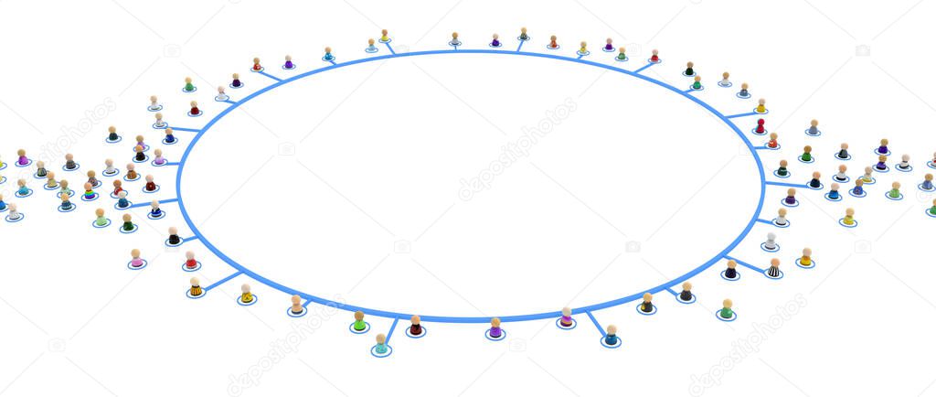 Crowd of small symbolic 3d figures system, lines linked circle empty inside, over white, horizontal, isolated