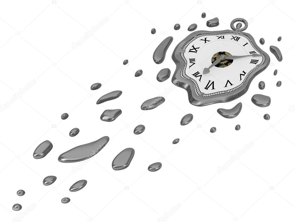 Clock soft liquid time form flying splash, 3d illustration, horizontal, over white, isolated