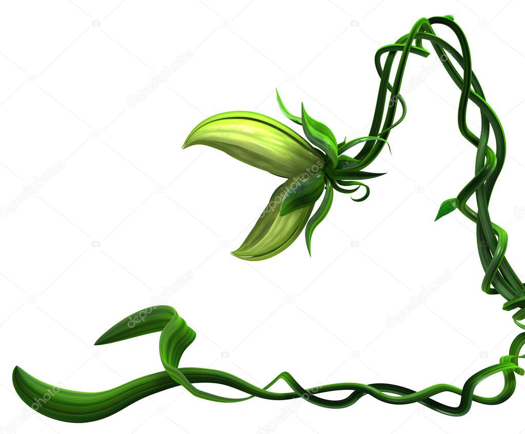 Plant biting vine growing leaf reaching forward, 3d illustration, horizontal, isolated, over white
