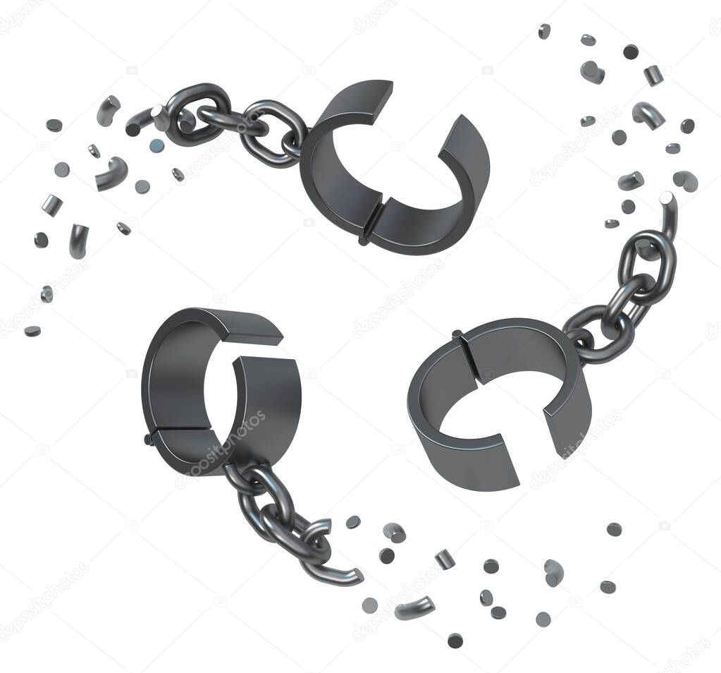 Breaking chain three spin, dark grey metal, abstract 3d illustration, isolated, horizontal, over white