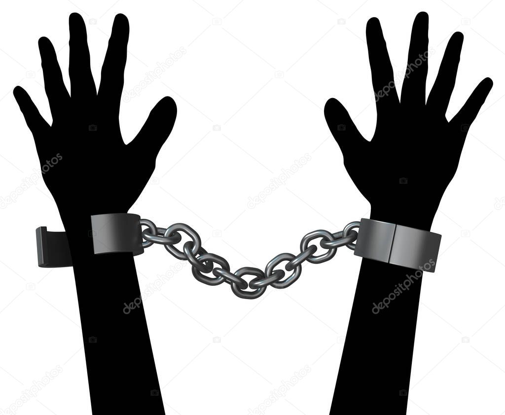 Shackles chain shadow arms arrest, 3d illustration, isolated, horizontal, over white