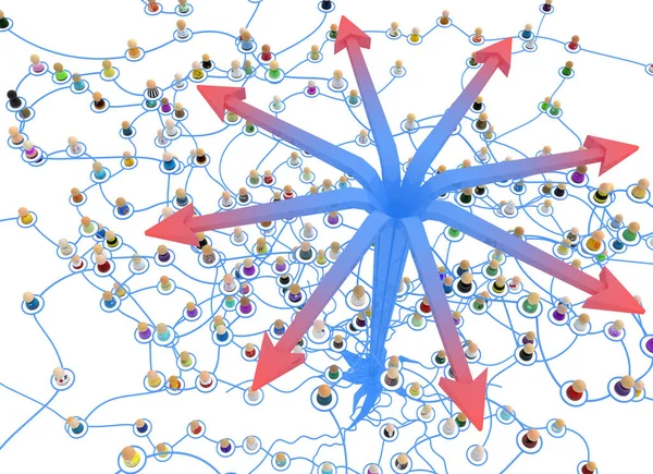Publiken Små Symboliska Figurer Sammankopplade Linjer Komplexa Skiktade System Påverka — Stockfoto